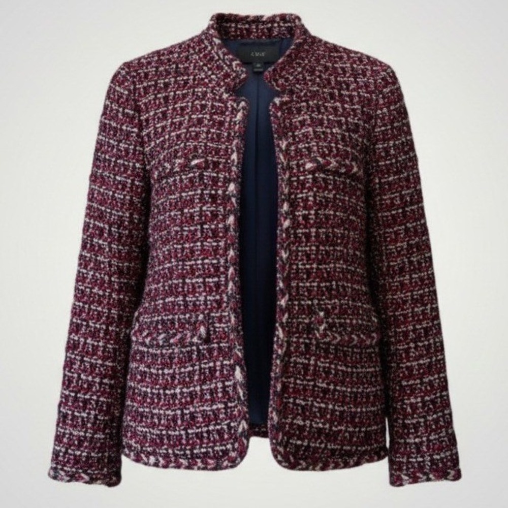 J.Crew Tweed Blazer Jacket Women 00 Burgundy Navy Wool Blend Dark Academia Fall